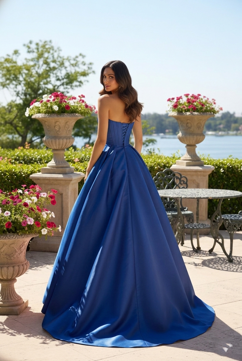 Strapless Satin Corset Ball Gown with Rose Detail | Sevoba