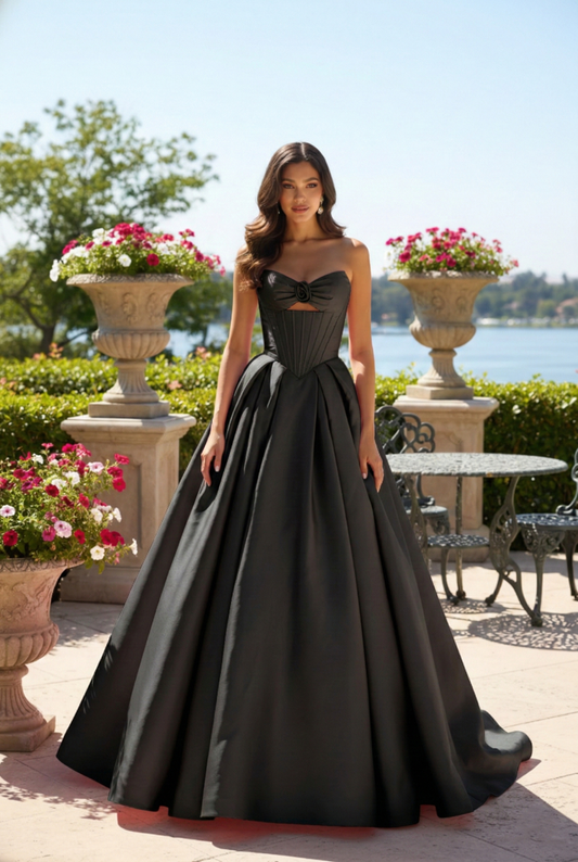 Strapless Satin Corset Ball Gown with Rose Detail | Sevoba