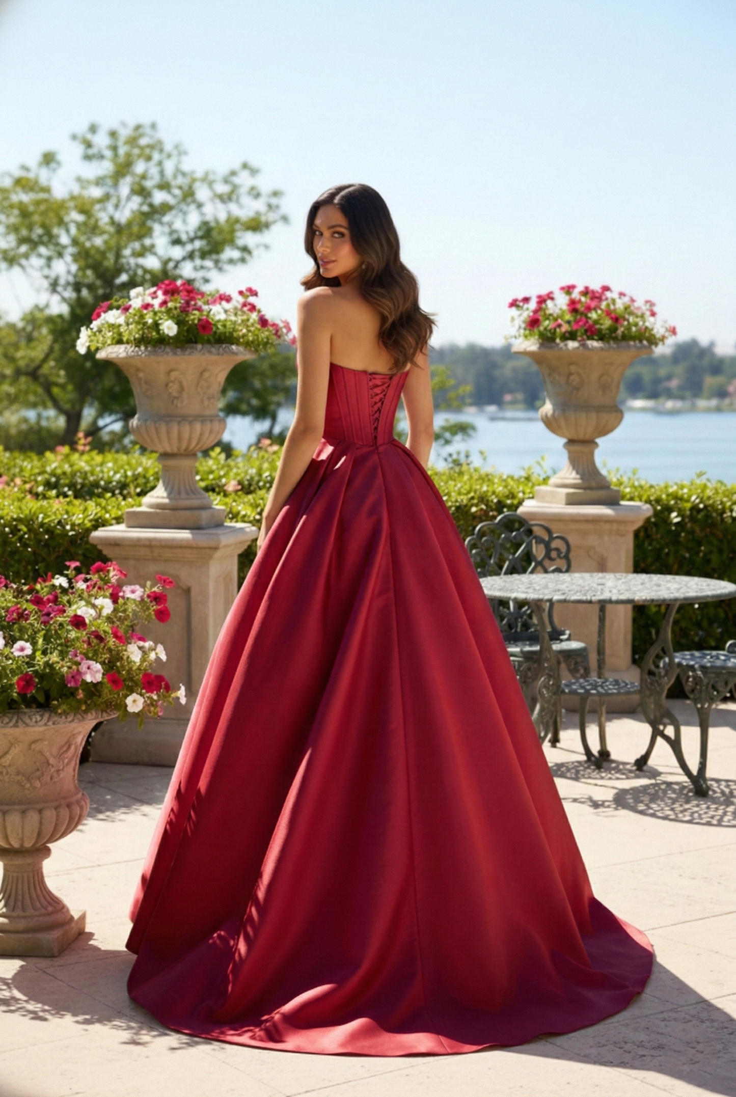 Strapless Satin Corset Ball Gown with Rose Detail | Sevoba
