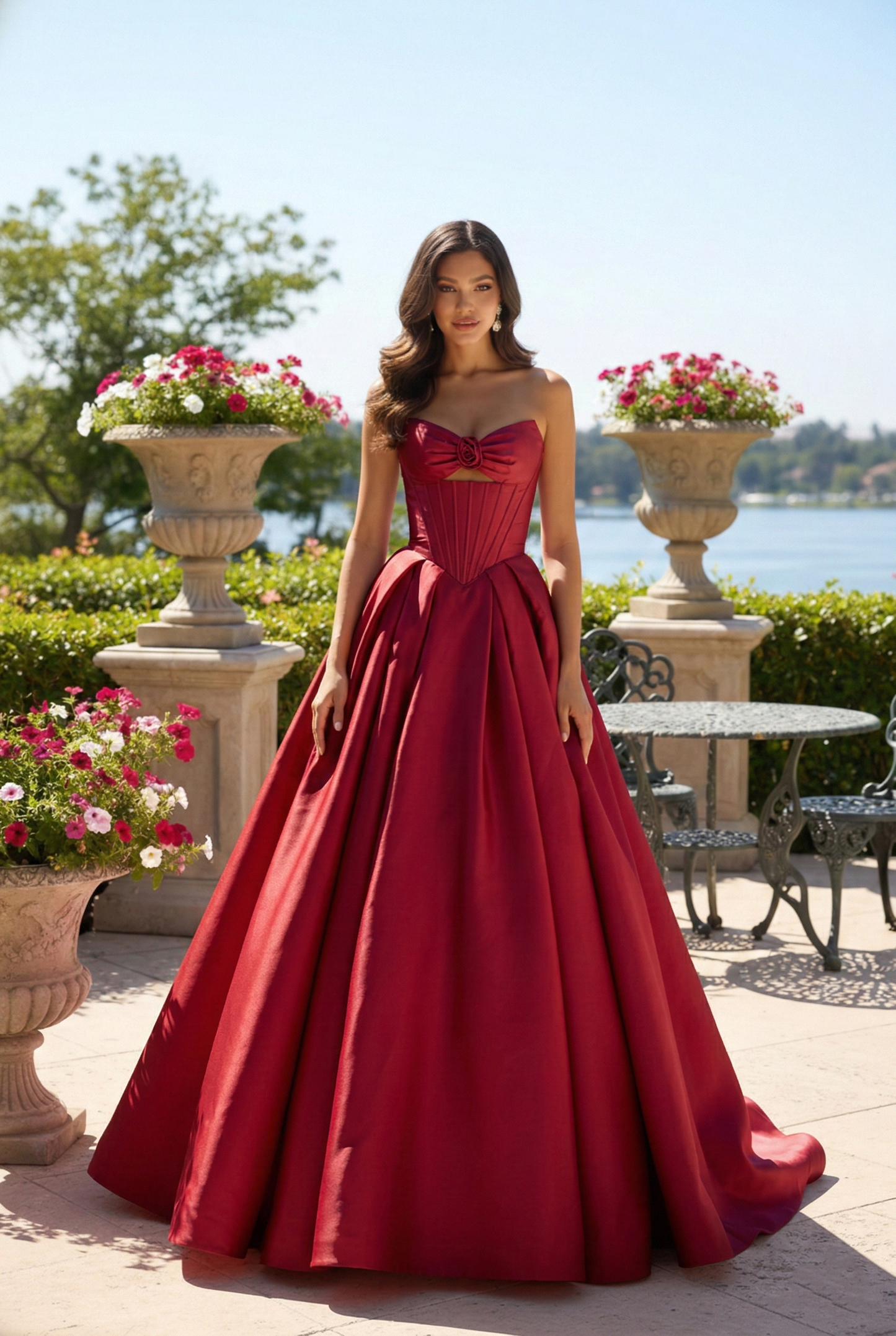 Strapless Satin Corset Ball Gown with Rose Detail | Sevoba