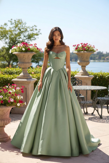 Strapless Satin Corset Ball Gown with Rose Detail | Sevoba