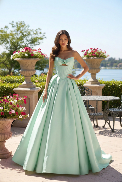 Strapless Satin Corset Ball Gown with Rose Detail | Sevoba