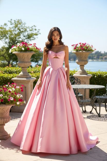 Strapless Satin Corset Ball Gown with Rose Detail | Sevoba