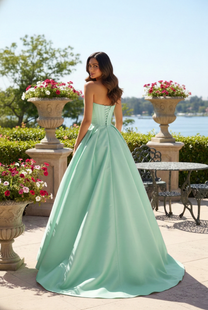 Strapless Satin Corset Ball Gown with Rose Detail | Sevoba