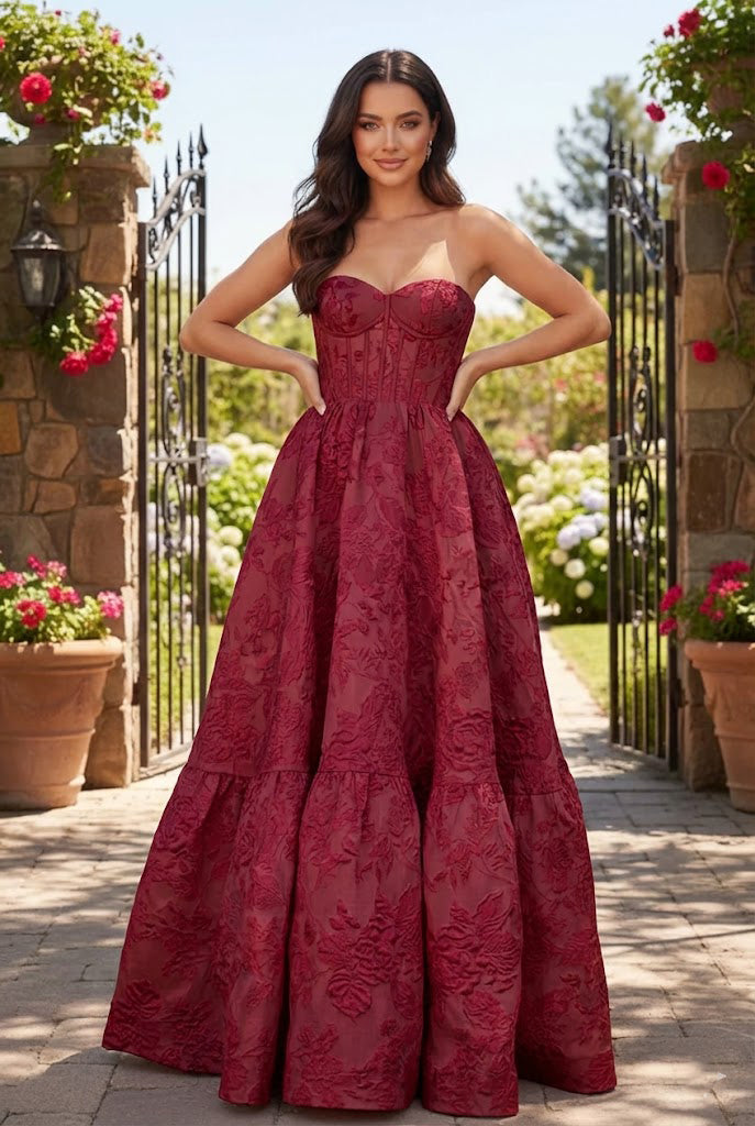 Strapless Sweetheart Corset Floral Print Ball Gown Prom Dress | Sevoba