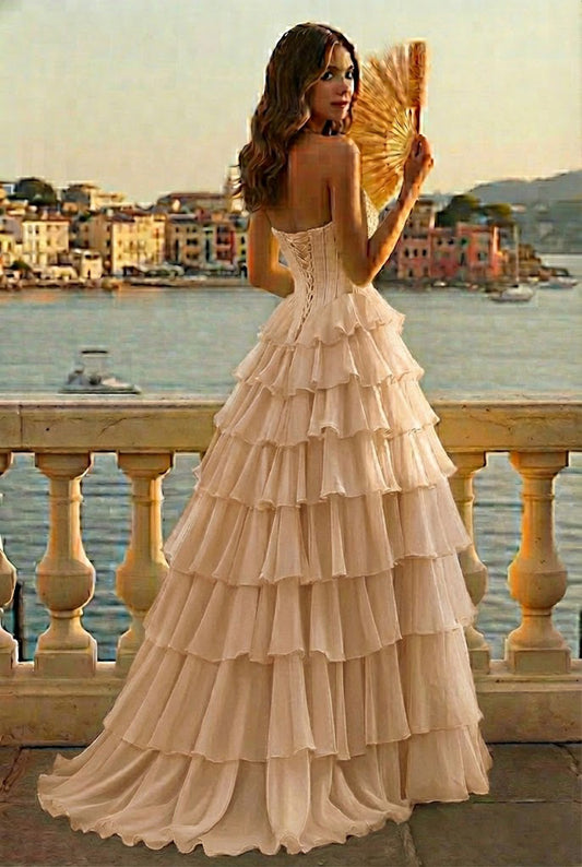 Strapless Tiered Ruffle Chiffon Prom Dress with Corset Back | Sevoba