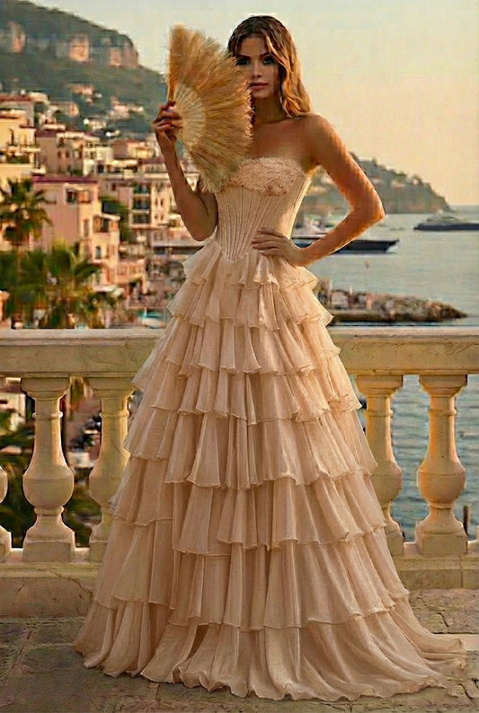 Strapless Tiered Ruffle Chiffon Prom Dress with Corset Back | Sevoba