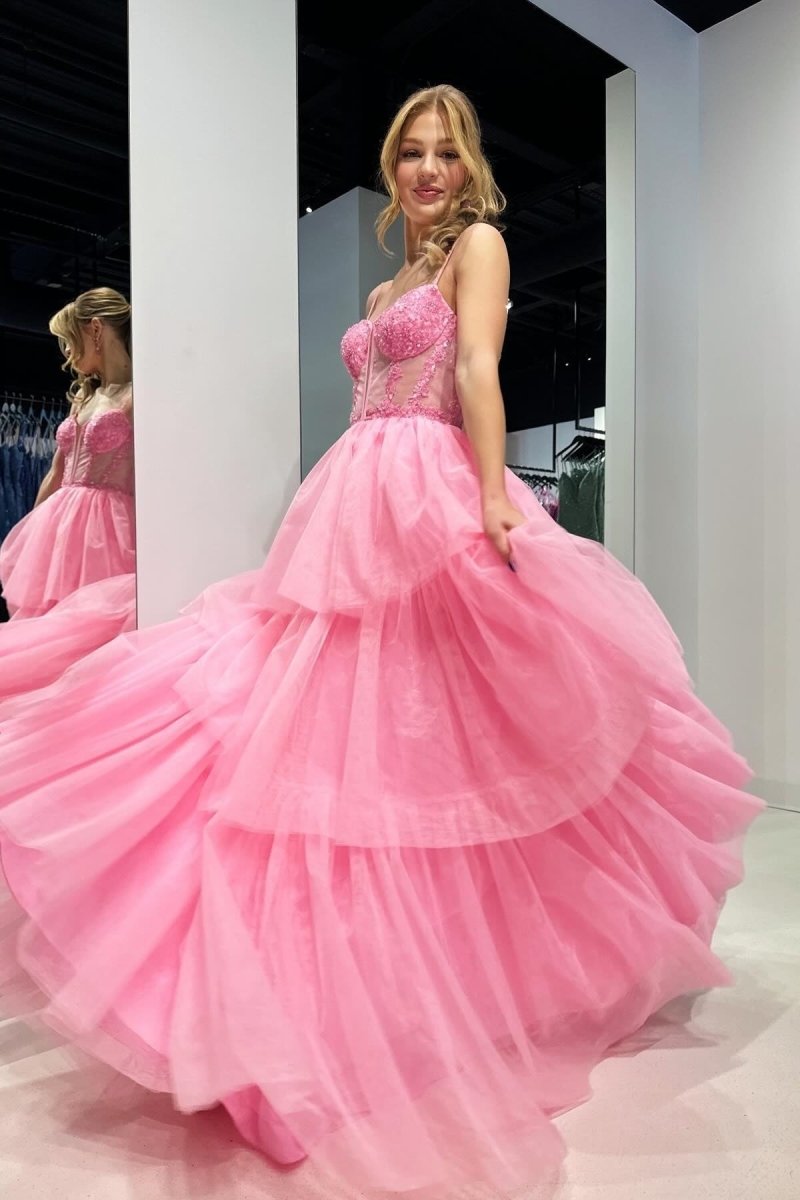 Tiered Ruffle Sequin-Embroidery Corset Long Prom Gown