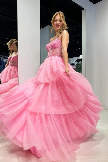 Tiered Ruffle Sequin-Embroidery Corset Long Prom Gown