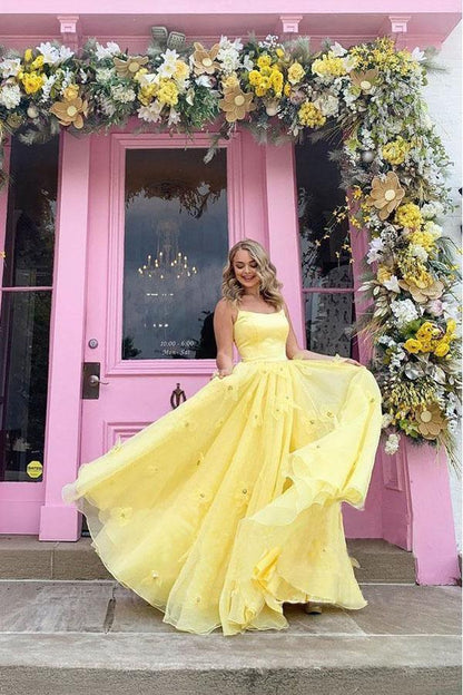 Imani | Straps Tulle Bodice 3D Flowers With Back Lace Up Yellow Prom Dress