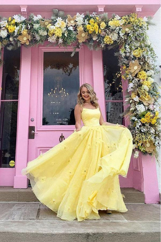Imani | Straps Tulle Bodice 3D Flowers With Back Lace Up Yellow Prom Dress