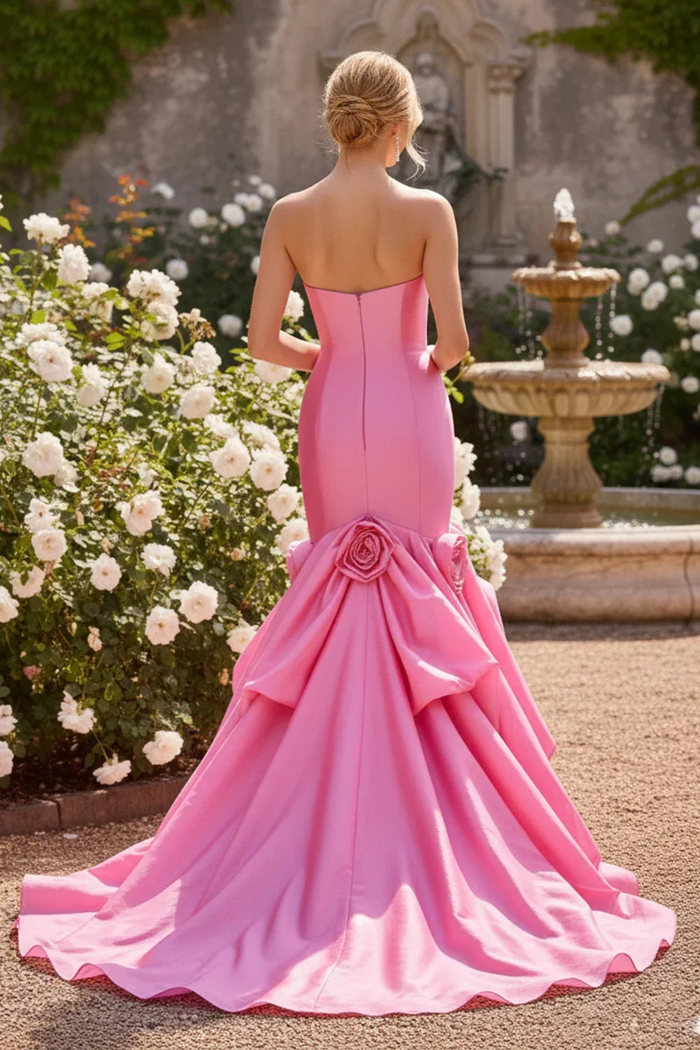 Sevoba strapless rosette mermaid prom dress with dramatic gathered train and fitted bodice, back view in rose garden