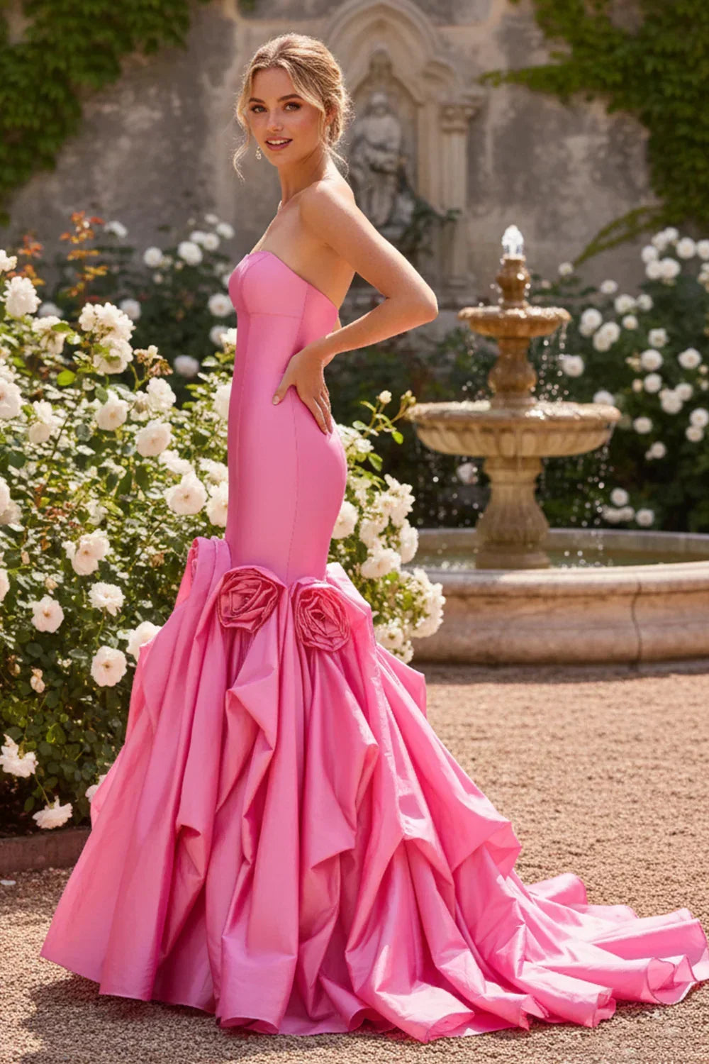 Sevoba strapless rosette mermaid prom dress with dramatic train and 3D floral detail at the knee, side view in rose garden by fountain