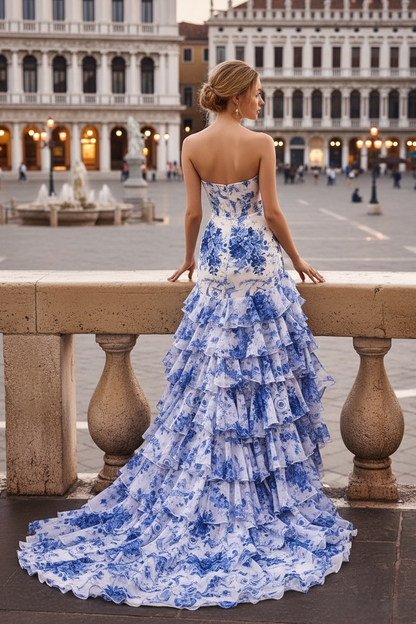 Stylish Mermaid Strapless Floral Printed Tiered Prom Dresses With Bow