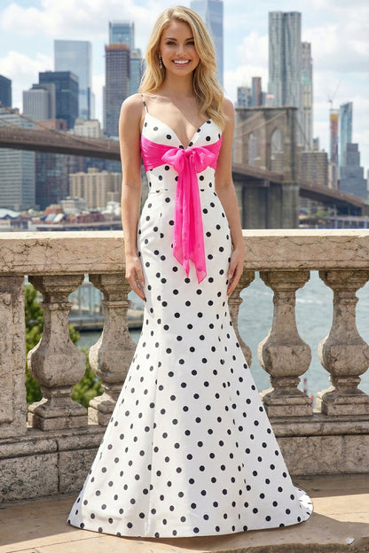 Stylish Mermaid V-Neck Polka Dot Corset Prom Dress With Bow | Sevoba