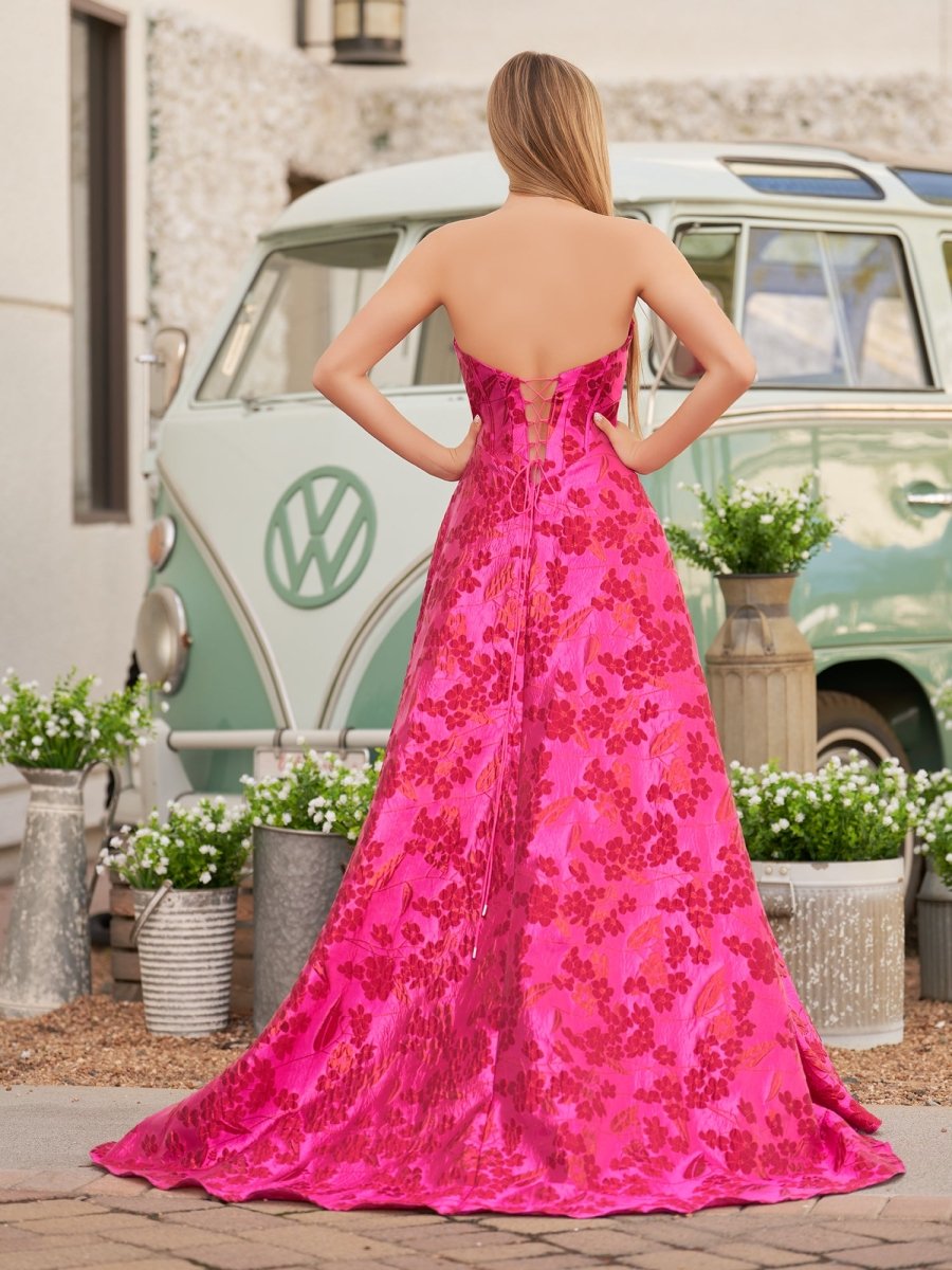 Sevoba|Stylish A Line Sweetheart Fuchsia Jacquard Satin Prom Dress