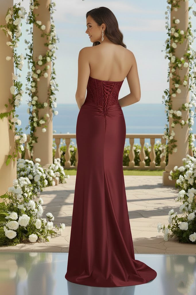 Sweetheart Corset Satin Mermaid Prom Dress with Floral Appliqué | Sevoba