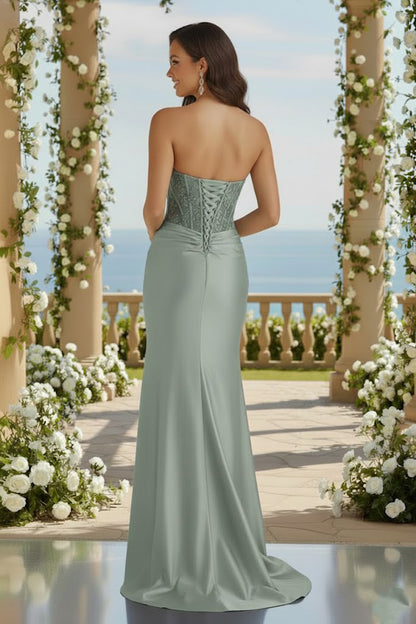 Sweetheart Corset Satin Mermaid Prom Dress with Floral Appliqué | Sevoba