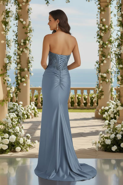Sweetheart Corset Satin Mermaid Prom Dress with Floral Appliqué | Sevoba