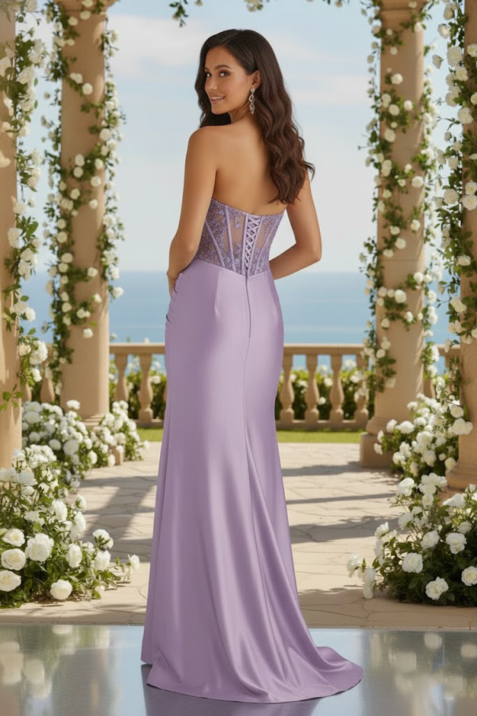 Sweetheart Corset Satin Mermaid Prom Dress with Floral Appliqué | Sevoba