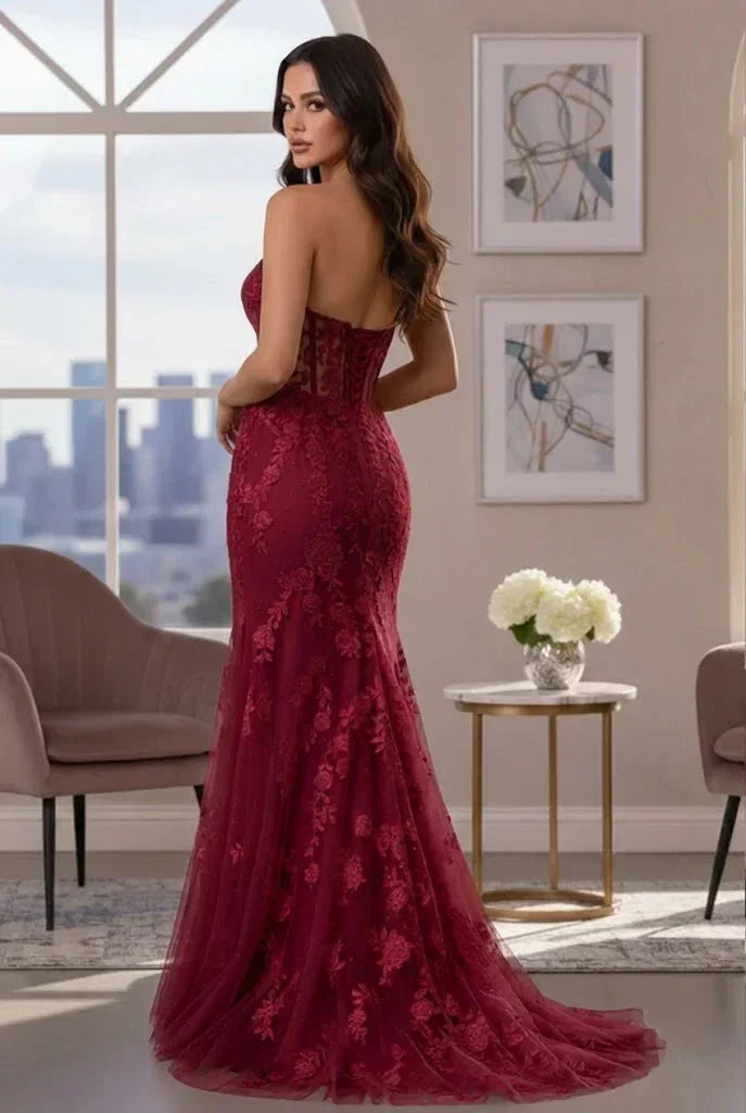 Sweetheart Floral Lace Mermaid Prom Dress with Corset Back | Sevoba