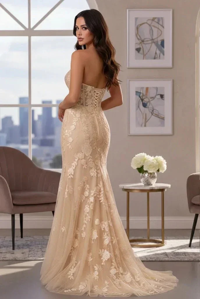 Sweetheart Floral Lace Mermaid Prom Dress with Corset Back | Sevoba