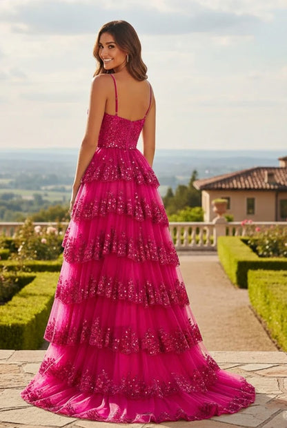 Sweetheart Sequin Tiered Tulle Prom Dress with Slit | Sevoba