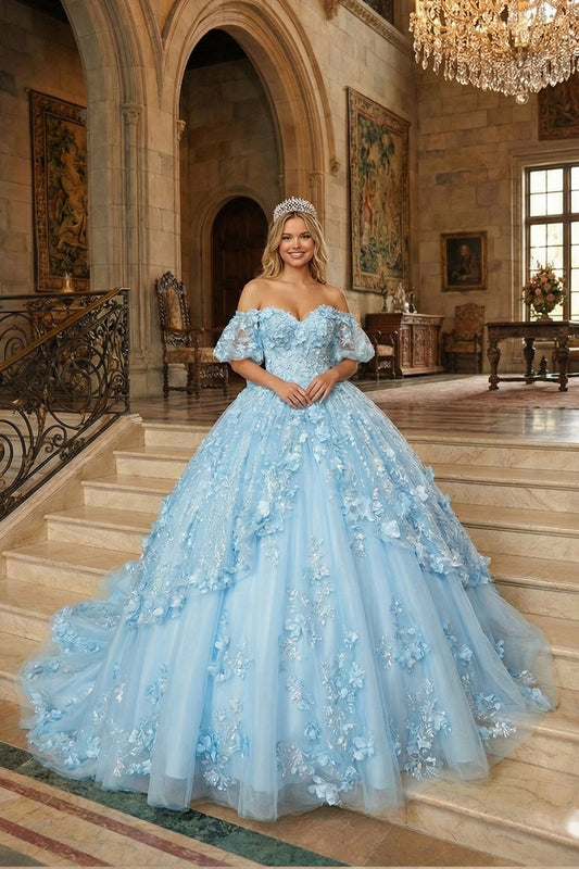 Textured Ruffle Ball Gown V Neck Quinceañera Dress With Bow and 3D Floral | Sevoba