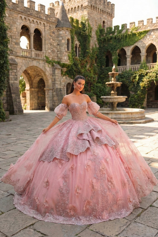 Textured Ruffles Ball Gown Cold Shoulder Quinceañera Dress With Embroidery and 3D Floral | Sevoba