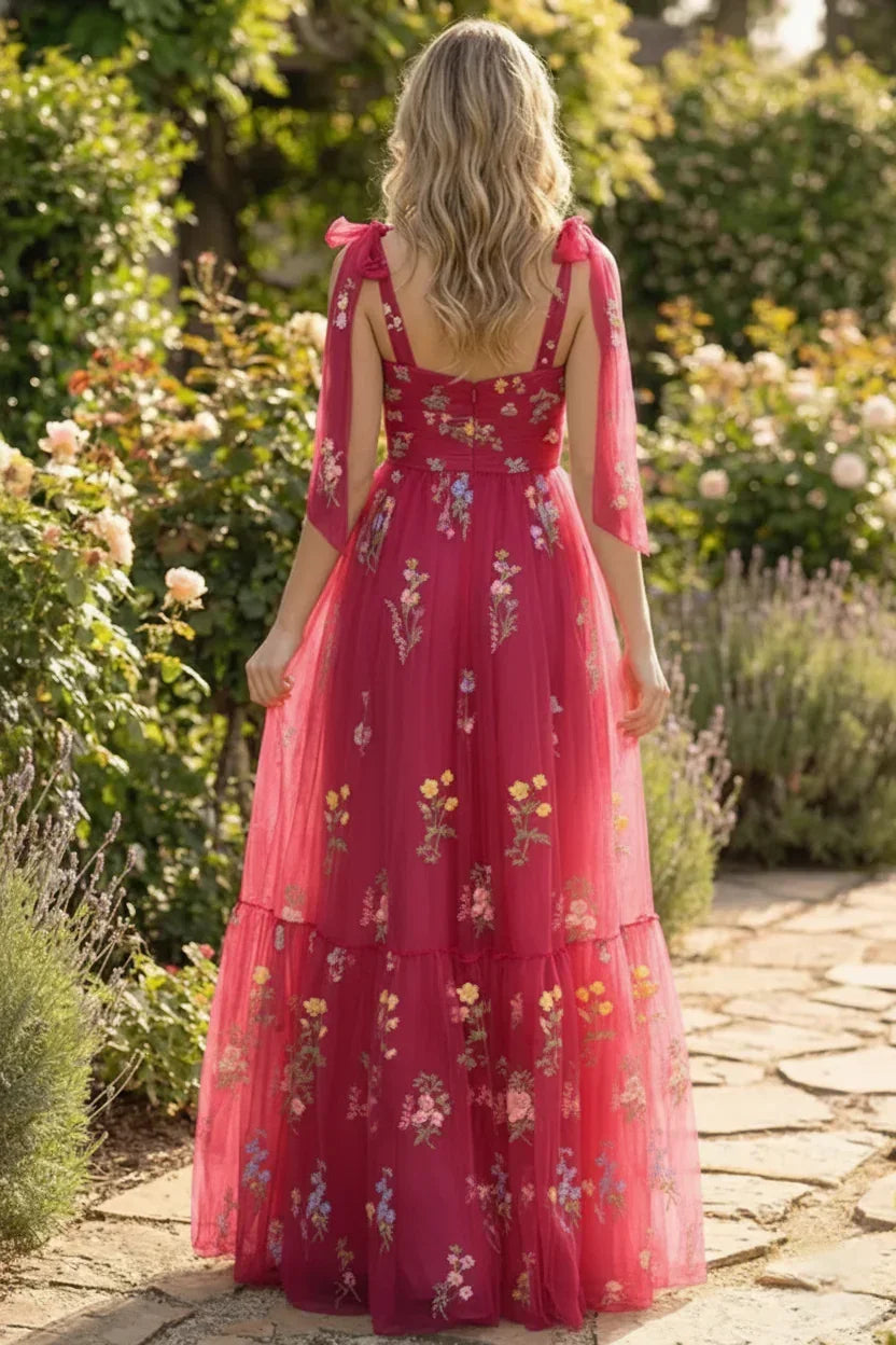 Tie-Strap Floral Embroidered Tulle A-Line Prom Dress | Sevoba