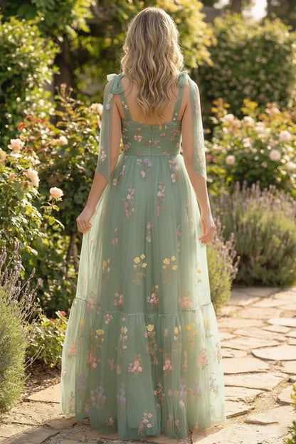 Tie-Strap Floral Embroidered Tulle A-Line Prom Dress | Sevoba