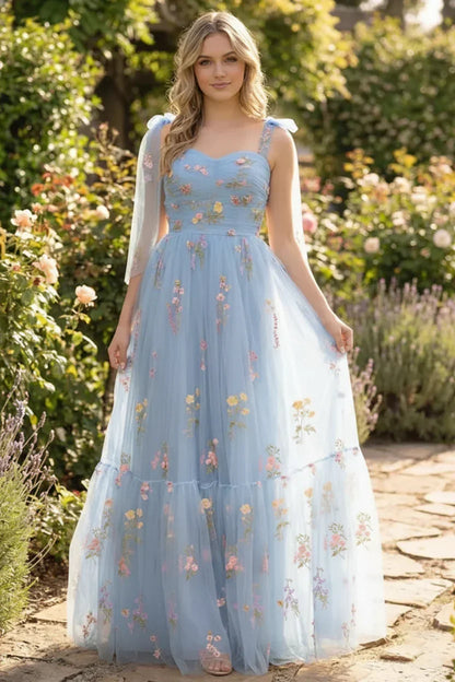 Tie-Strap Floral Embroidered Tulle A-Line Prom Dress | Sevoba