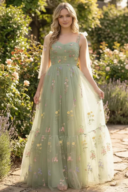Tie-Strap Floral Embroidered Tulle A-Line Prom Dress | Sevoba