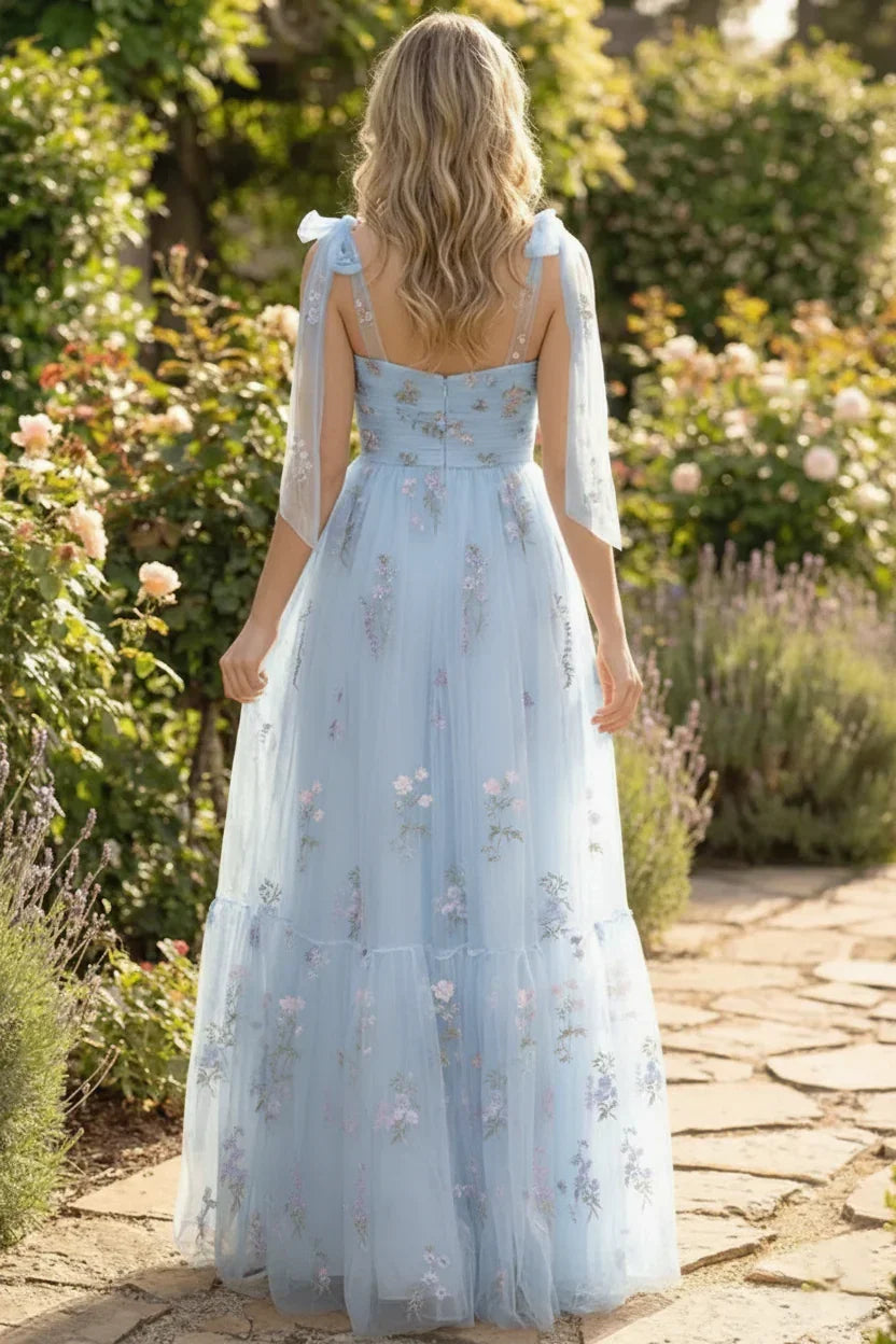 Tie-Strap Floral Embroidered Tulle A-Line Prom Dress | Sevoba