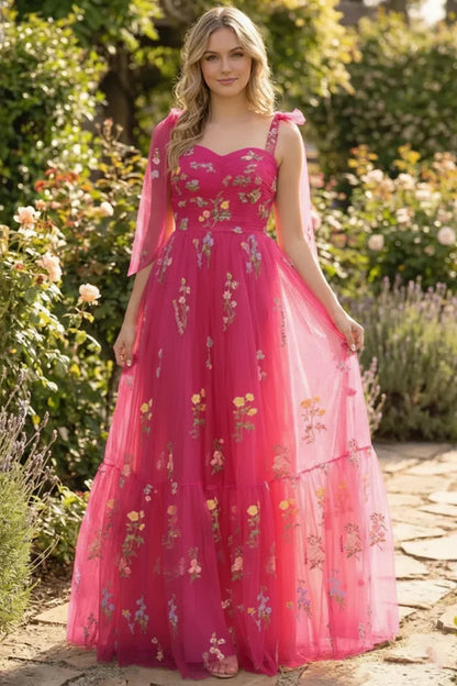 Tie-Strap Floral Embroidered Tulle A-Line Prom Dress | Sevoba