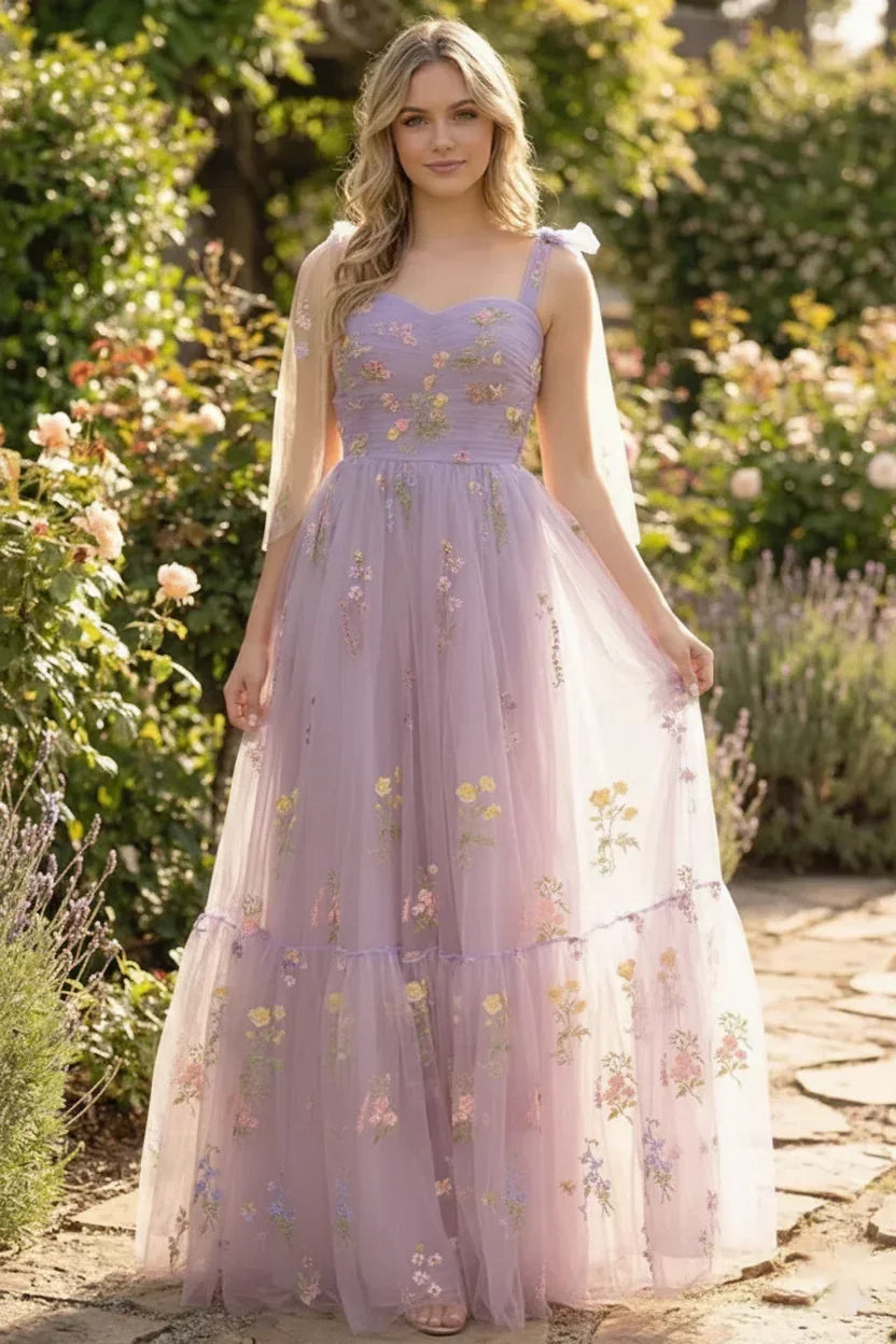 Tie-Strap Floral Embroidered Tulle A-Line Prom Dress | Sevoba
