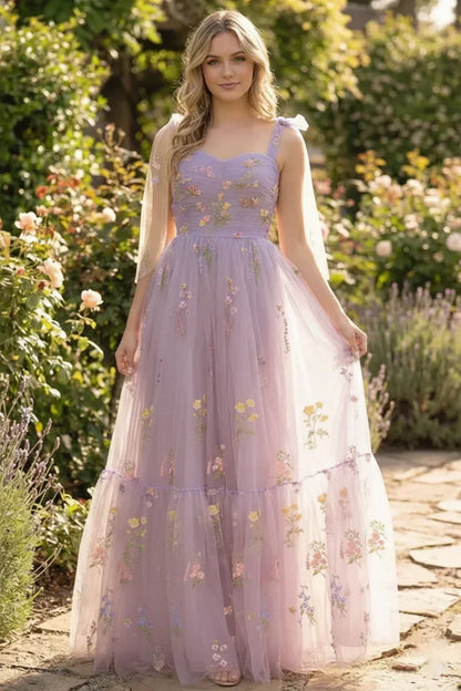 Tie-Strap Floral Embroidered Tulle A-Line Prom Dress | Sevoba
