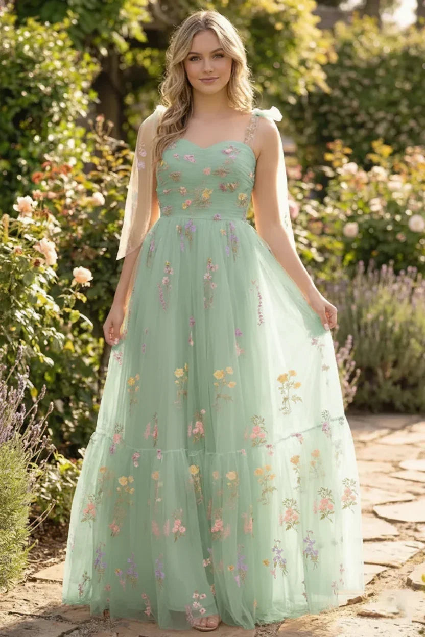 Tie-Strap Floral Embroidered Tulle A-Line Prom Dress | Sevoba