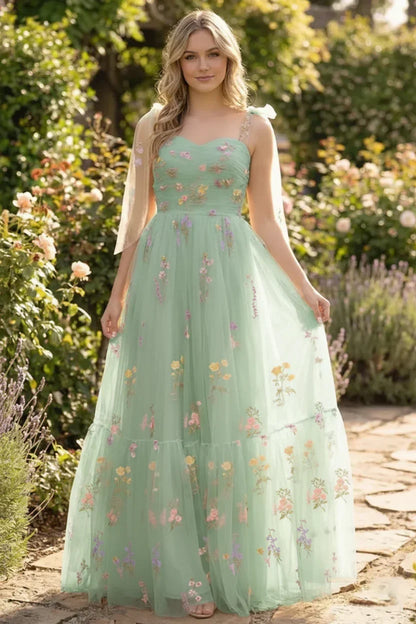 Tie-Strap Floral Embroidered Tulle A-Line Prom Dress | Sevoba