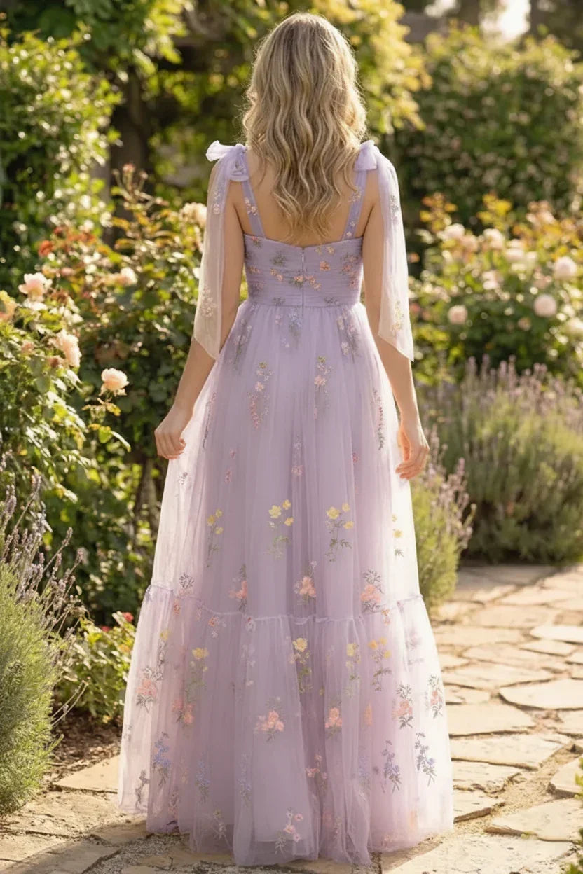 Tie-Strap Floral Embroidered Tulle A-Line Prom Dress | Sevoba