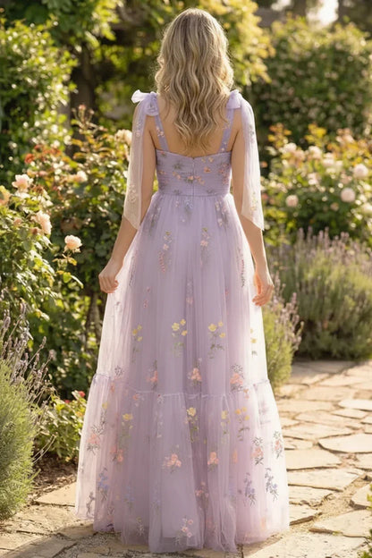 Tie-Strap Floral Embroidered Tulle A-Line Prom Dress | Sevoba