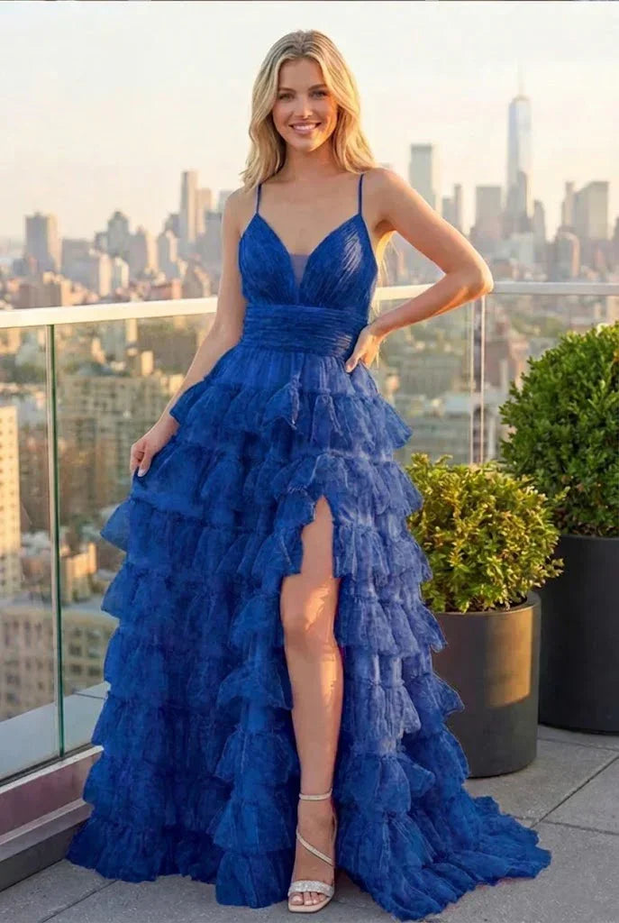 Tiered Ruffle Cake Skirt Printed Tulle Prom Dress with Open Back | Sevoba