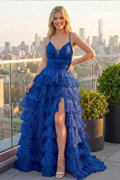 Tiered Ruffle Cake Skirt Printed Tulle Prom Dress with Open Back | Sevoba