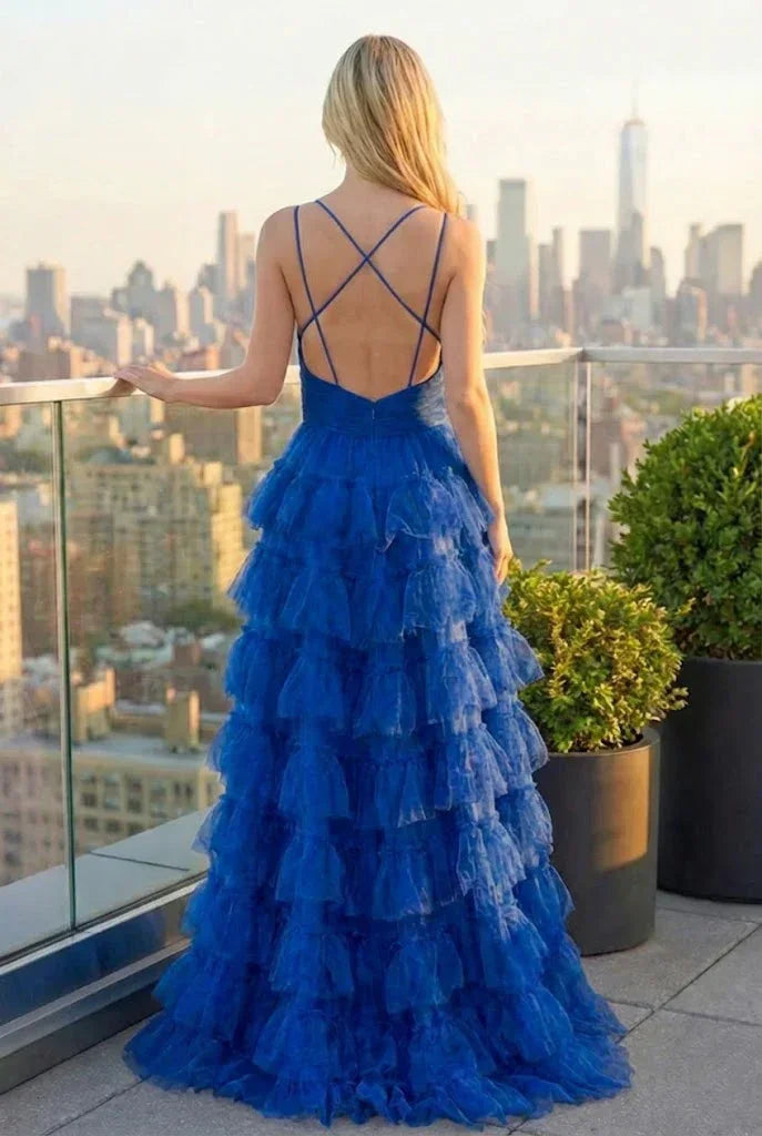 Tiered Ruffle Cake Skirt Printed Tulle Prom Dress with Open Back | Sevoba