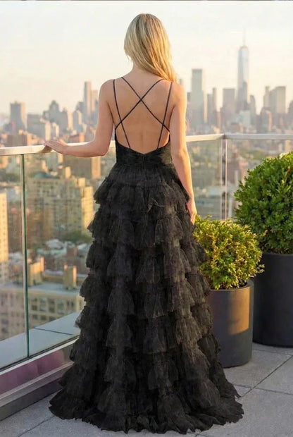 Tiered Ruffle Cake Skirt Printed Tulle Prom Dress with Open Back | Sevoba