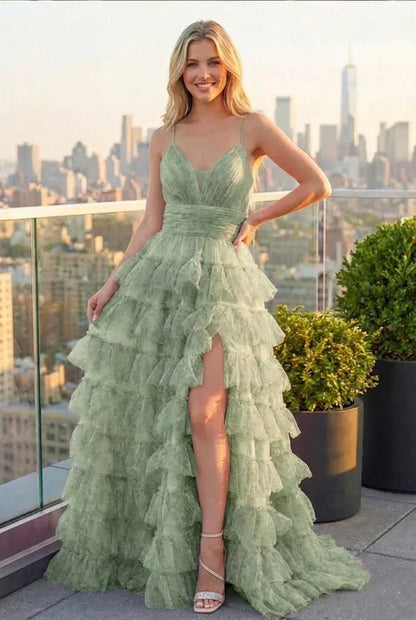 Tiered Ruffle Cake Skirt Printed Tulle Prom Dress with Open Back | Sevoba
