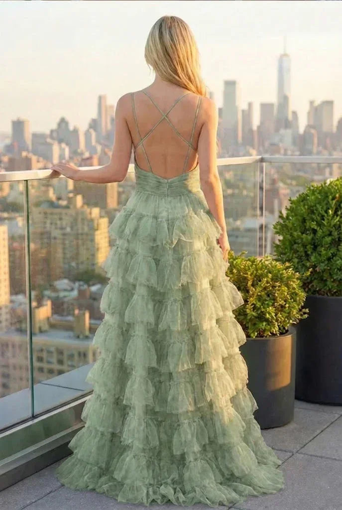 Tiered Ruffle Cake Skirt Printed Tulle Prom Dress with Open Back | Sevoba