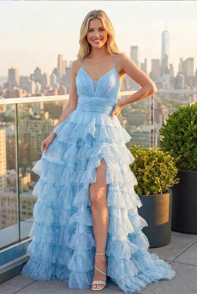 Tiered Ruffle Cake Skirt Printed Tulle Prom Dress with Open Back | Sevoba
