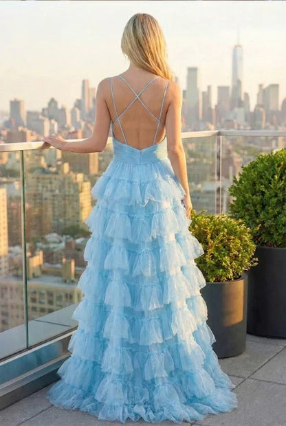 Tiered Ruffle Cake Skirt Printed Tulle Prom Dress with Open Back | Sevoba