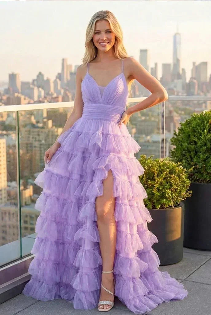 Tiered Ruffle Cake Skirt Printed Tulle Prom Dress with Open Back | Sevoba